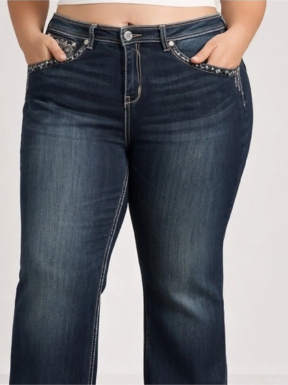 Embroidered Back Pocket Dark Blue Flare Jeans